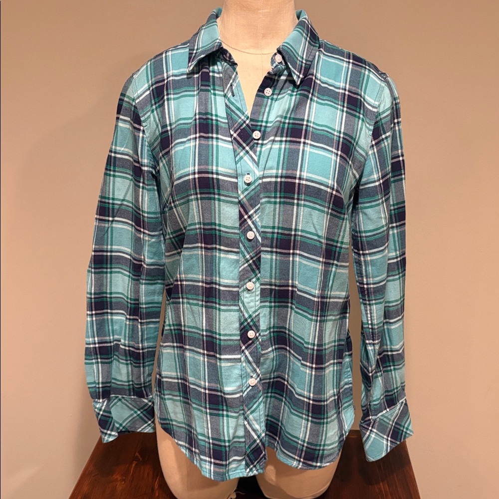 TALBOTS COTTON BUTTON FRONT SHIRT DECORATIVE PLAID SIZE S